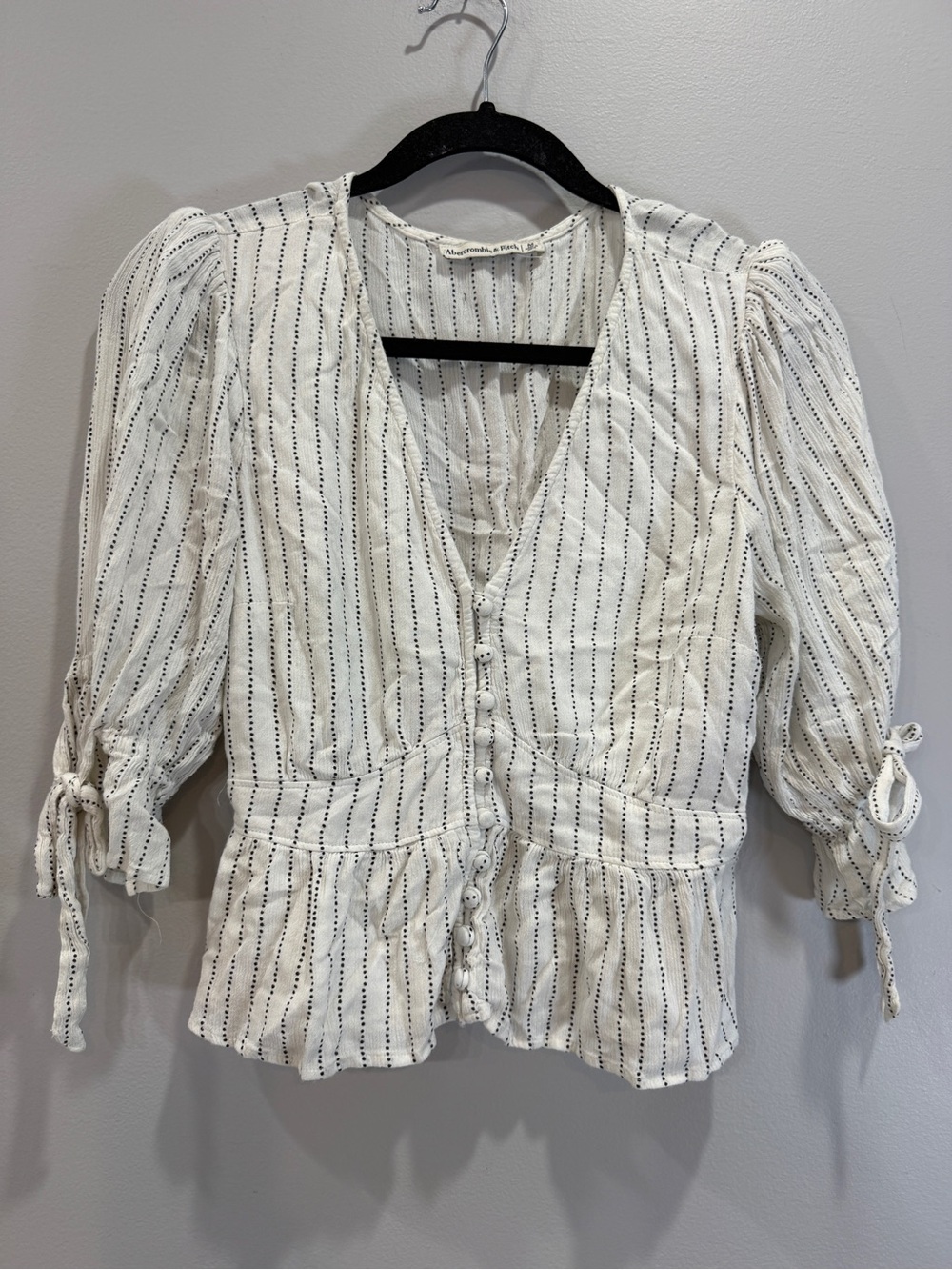 Abercrombie & Fitch White Top with Black Pinstripes and Puff Sleeves